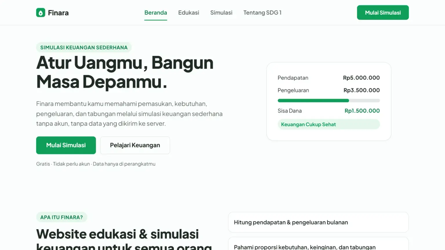 Finara homepage with a summary of income, expenses, and financial health status