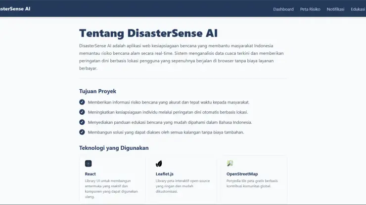 Halaman Tentang DisasterSense AI dengan tujuan proyek dan teknologi yang dipakai
