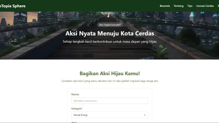 Halaman Smart Action Hub dengan formulir berbagi aksi lingkungan