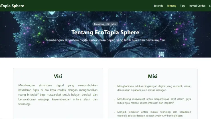 Halaman Tentang EcoTopia Sphere dengan visi dan misi platform