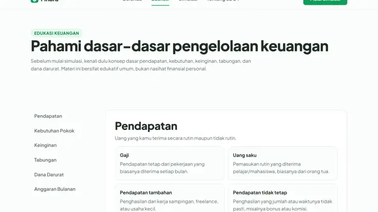 Finara education page covering income, needs, wants, savings, and emergency fund basics