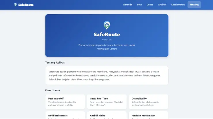 Halaman Tentang SafeRoute dengan daftar fitur utama