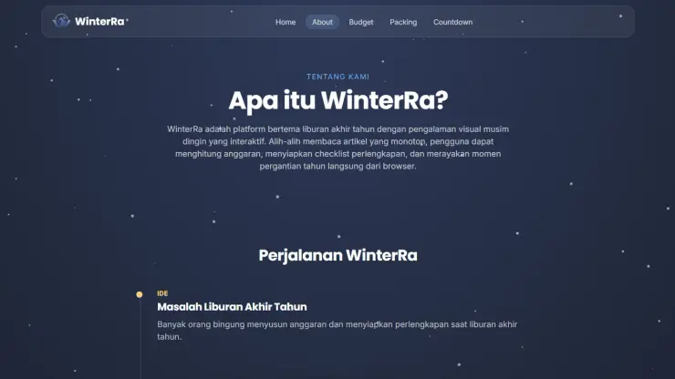 Halaman Tentang WinterRa dengan penjelasan konsep dan lini masa proyek