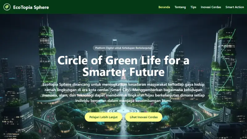 Halaman utama Ecotopia Sphere dengan ilustrasi kota hijau berkelanjutan