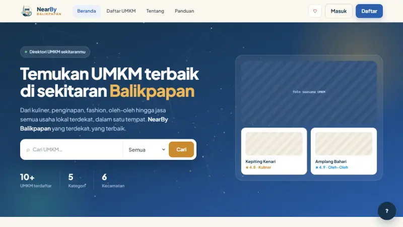 Halaman utama NearBy Balikpapan dengan pencarian UMKM dan kartu usaha unggulan