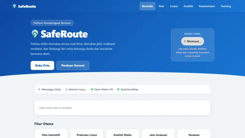 Halaman utama SafeRoute menampilkan panel risiko lokal dan status cuaca real-time