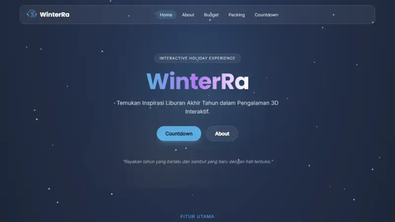 Halaman utama WinterRa dengan judul bertema salju dan efek partikel 3D